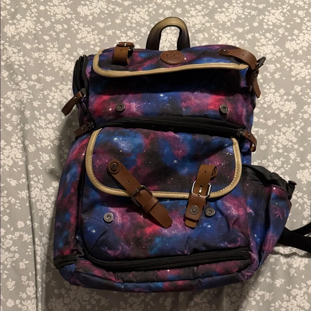 Stellar Galaxy Print Camera Backpack with Brown Straps